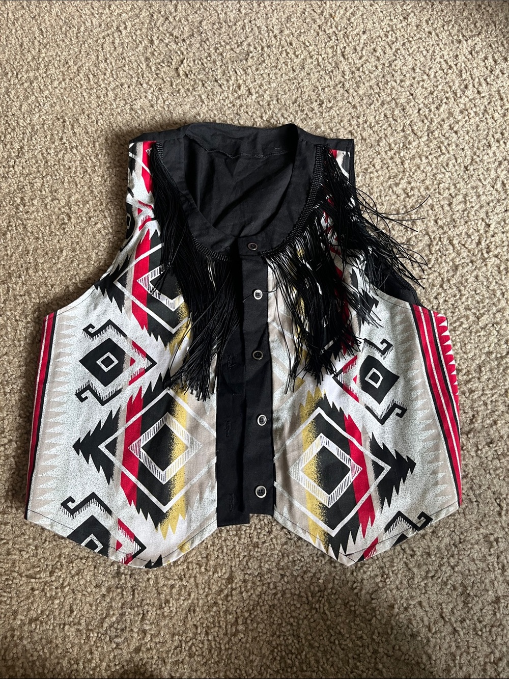 Women's Aztec Print Fringe Button-Down Vest - Black, Red & Gold